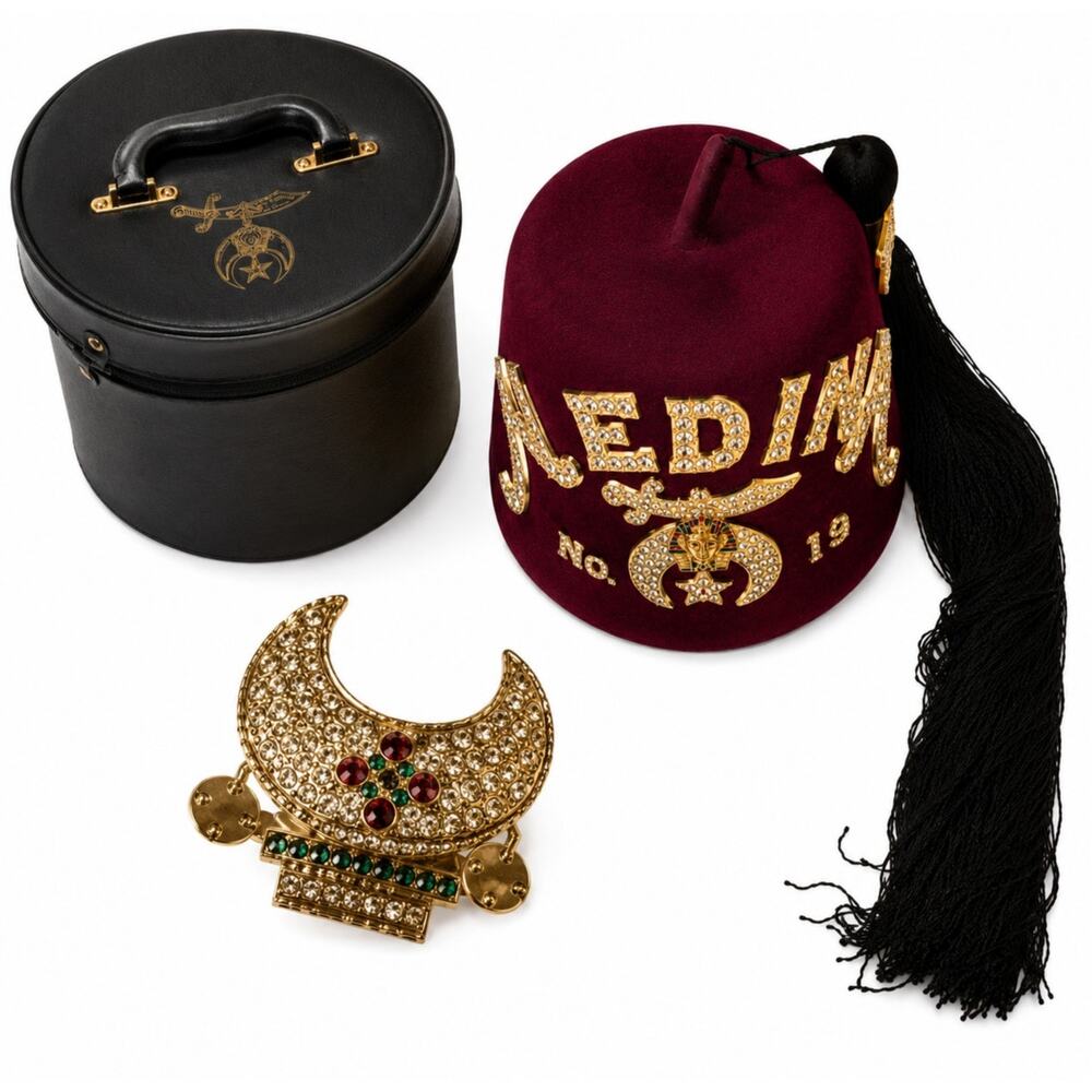 Vintage D Turin Shriners Masonic Jeweled Fez Hat w/ Case & Crescent Pin 7 5/8